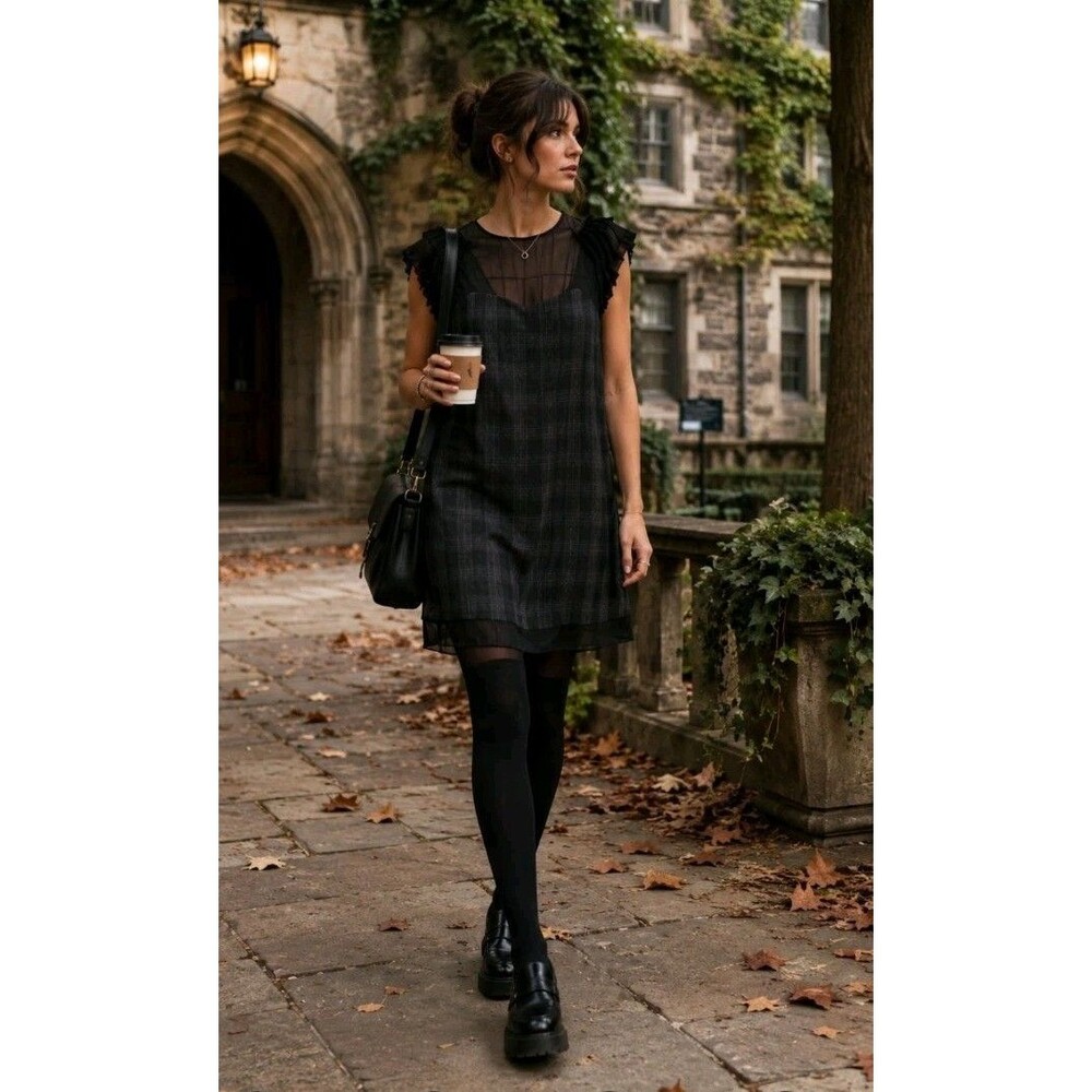 NWT BCBGeneration Plaid Shift Dress 8 Sheer Overlay Ruffle Sleeve Dark Academia